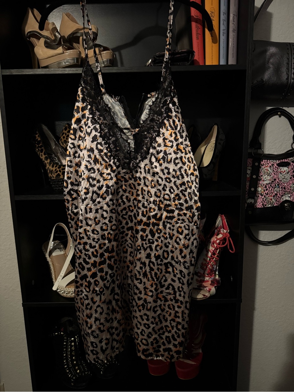 Leopard-Print Satin Chemise with Black Lace Trim